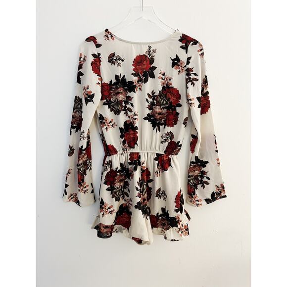 Honey Belle Tan Floral Long Sleeve Surplice Romper Size Small - Picture 4 of 7